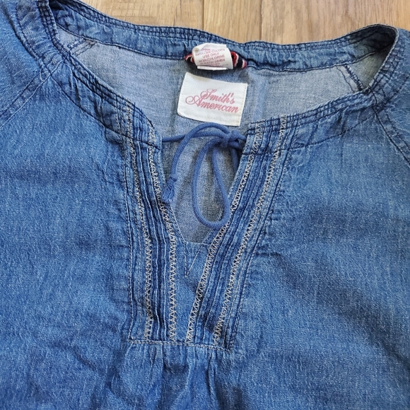 VTG Smith's American Sz M Peasant Tunic Blue Boho Hippie Blouse Denim Silk Jeans - Picture 2 of 8
